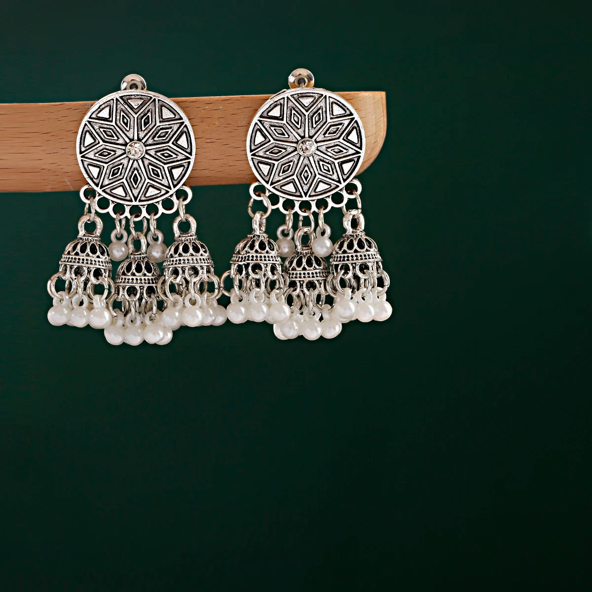 Retro Ethnic Silver Color Turkish Jhumka Earrings For Women Pendientes Pearl Tassel Classic Carved Indian Earrings Jewelry