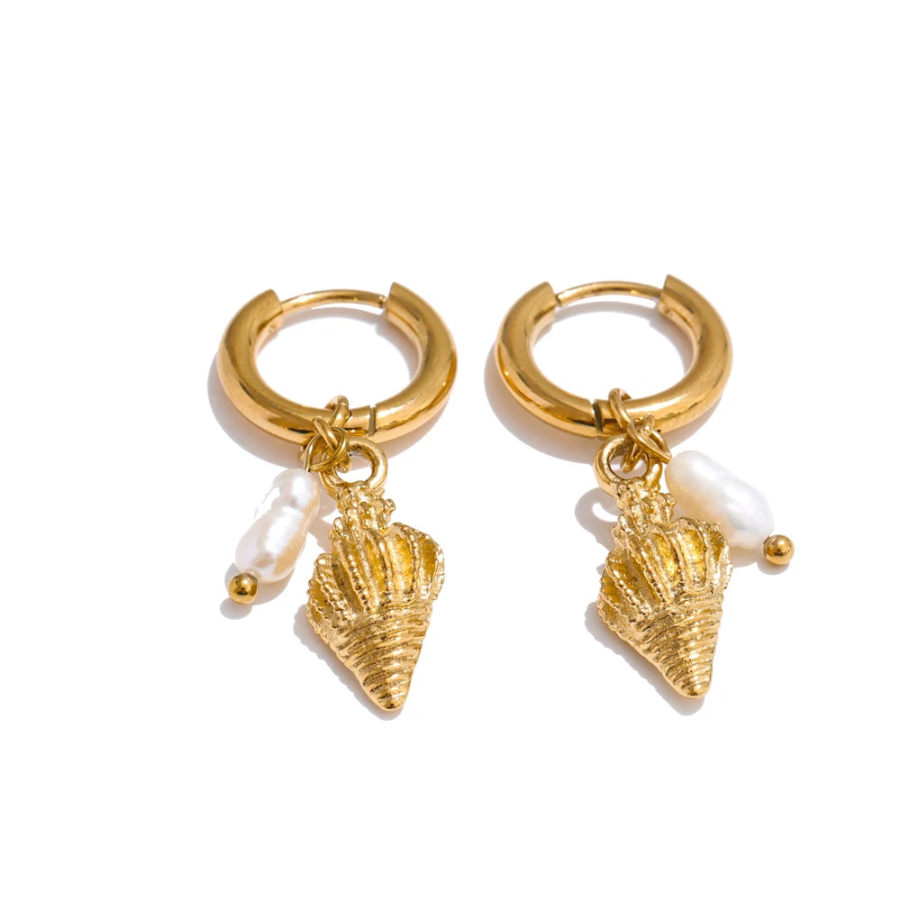 Yhpup Ocean Style Natural Pearl Conch Shell Starfish Drop Summer Hoop Earrings for Women Stainless Steel Holiday Daily Jewelry