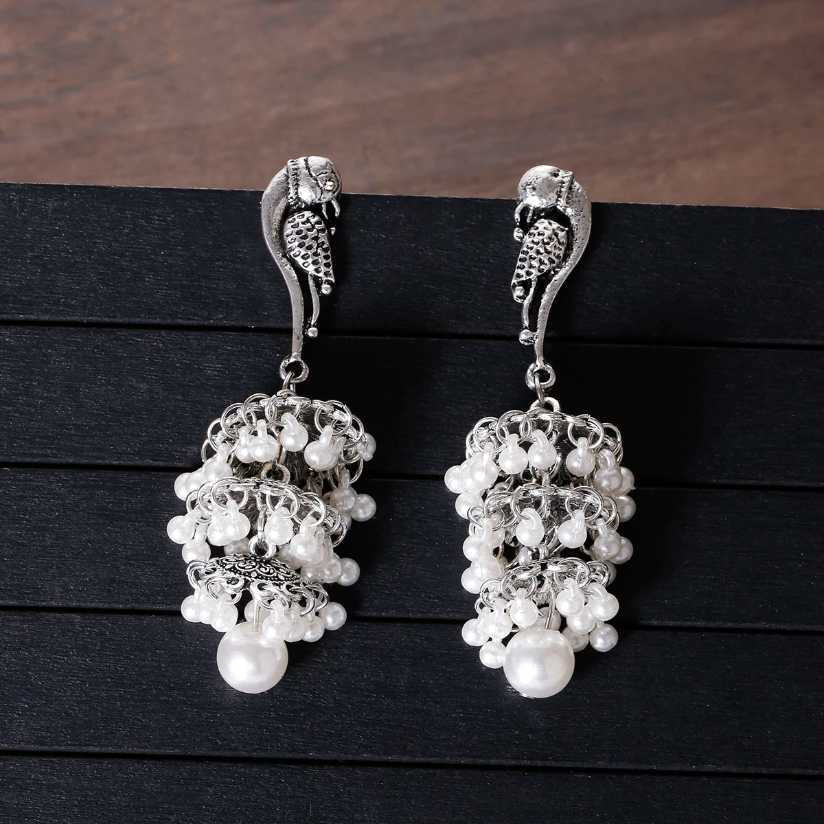 Retro Ethnic Silver Color Turkish Jhumka Earrings For Women Pendientes Pearl Tassel Classic Carved Indian Earrings Jewelry