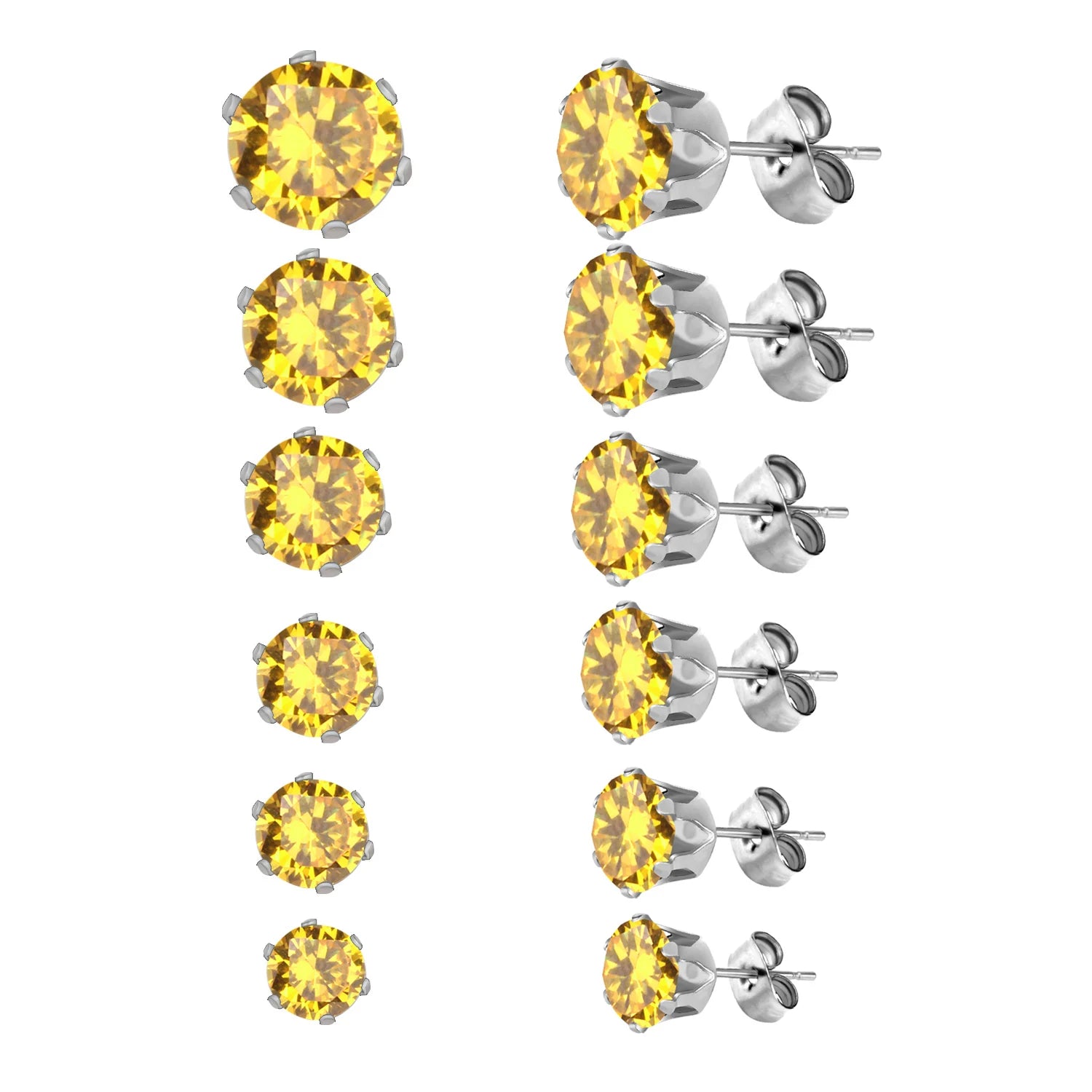 LUXUSTEEL 6Pairs/Set CZ Stud Earrings Stainless Steel Round White Cubic Zirconia Hypoallergenic 6 Claws Earring Trendy Jewelry