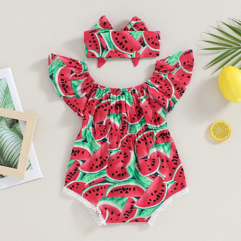 0-36months Newborn Girl Bodysuit Hairband Set Short Sleeve Watermelon Print Playsuits For Baby Girls Summer One_piece Rompers