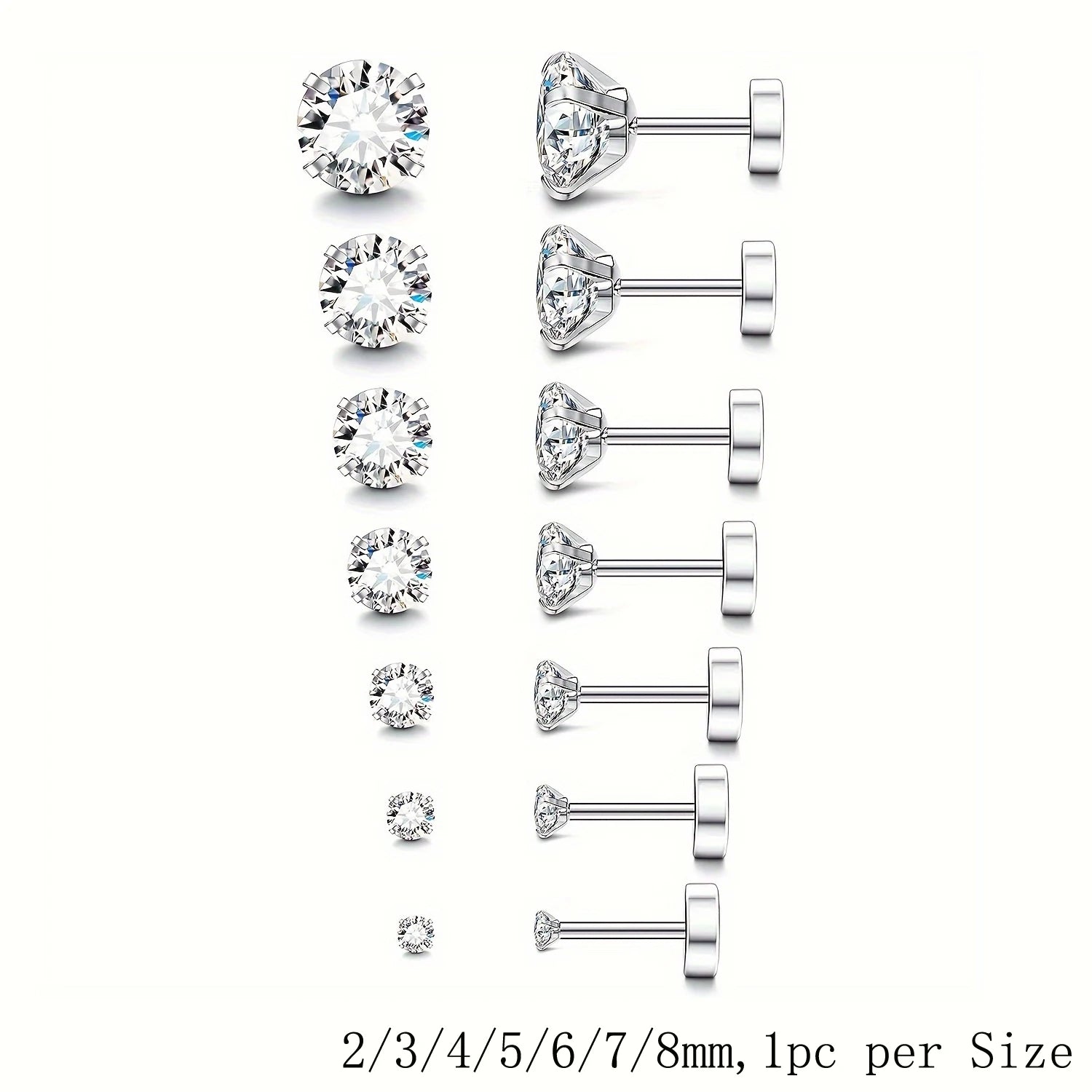 7pcs/Set Stainless Steel Crystal Flat Studs Women Men Bar Screw Back Tragus Round Clear Cubic Zirconia Piercing Earrings Jewelry