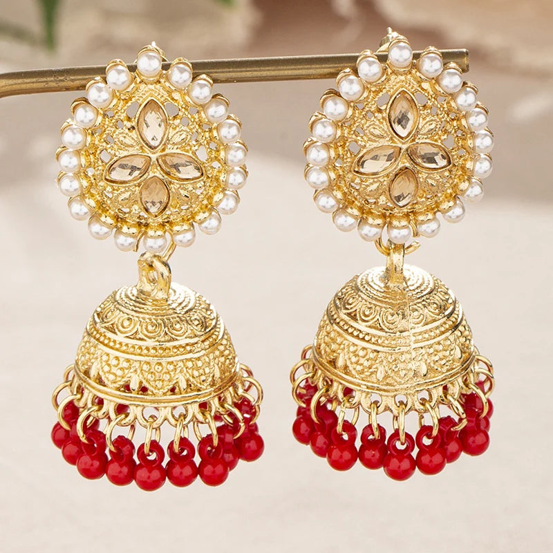 Vintage Waterdrop Design Inlaid Pearl Rhinestone Indian Earrings for Women Ethnic Boho Carved Small Bell Earrings Jhumka Jewelry