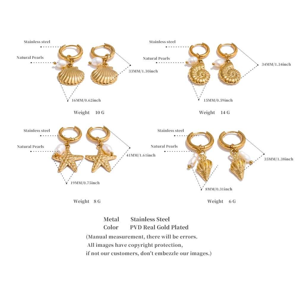 Yhpup Ocean Style Natural Pearl Conch Shell Starfish Drop Summer Hoop Earrings for Women Stainless Steel Holiday Daily Jewelry