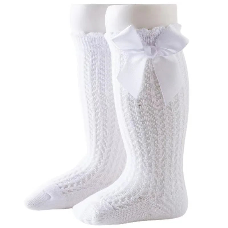 Summer Ultra-thin Mesh Socks Baby Girl Mosquito Resistant Knee Sock Cute Newborn Pink Bow Hollow Cotton Baby Clothes New Born