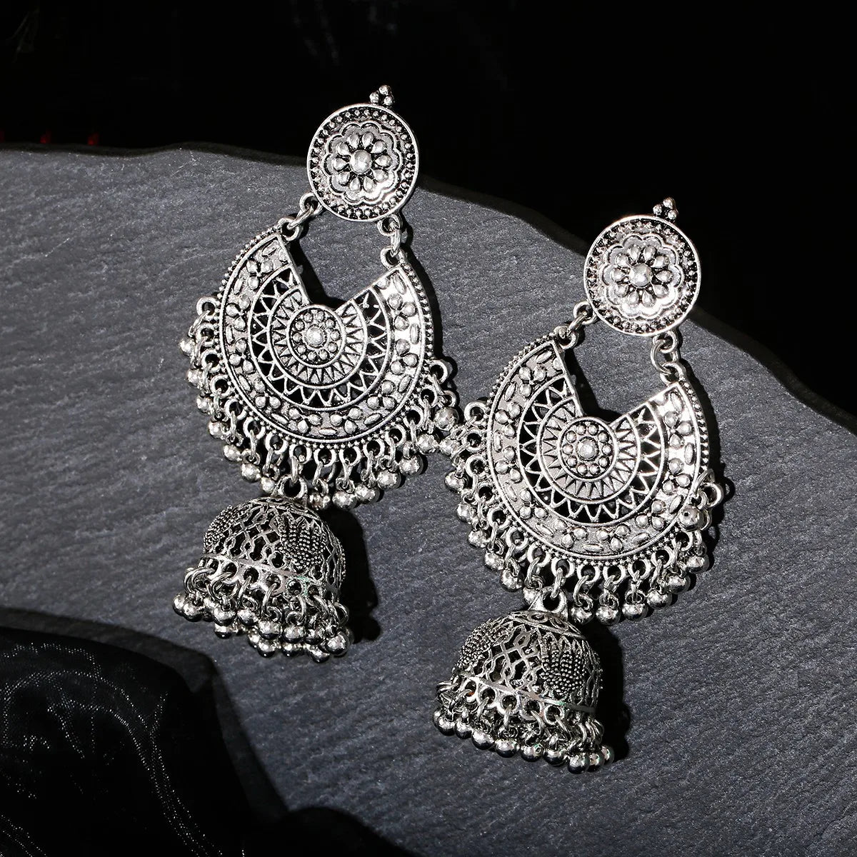 Retro Ethnic Silver Color Turkish Jhumka Earrings For Women Pendientes Pearl Tassel Classic Carved Indian Earrings Jewelry