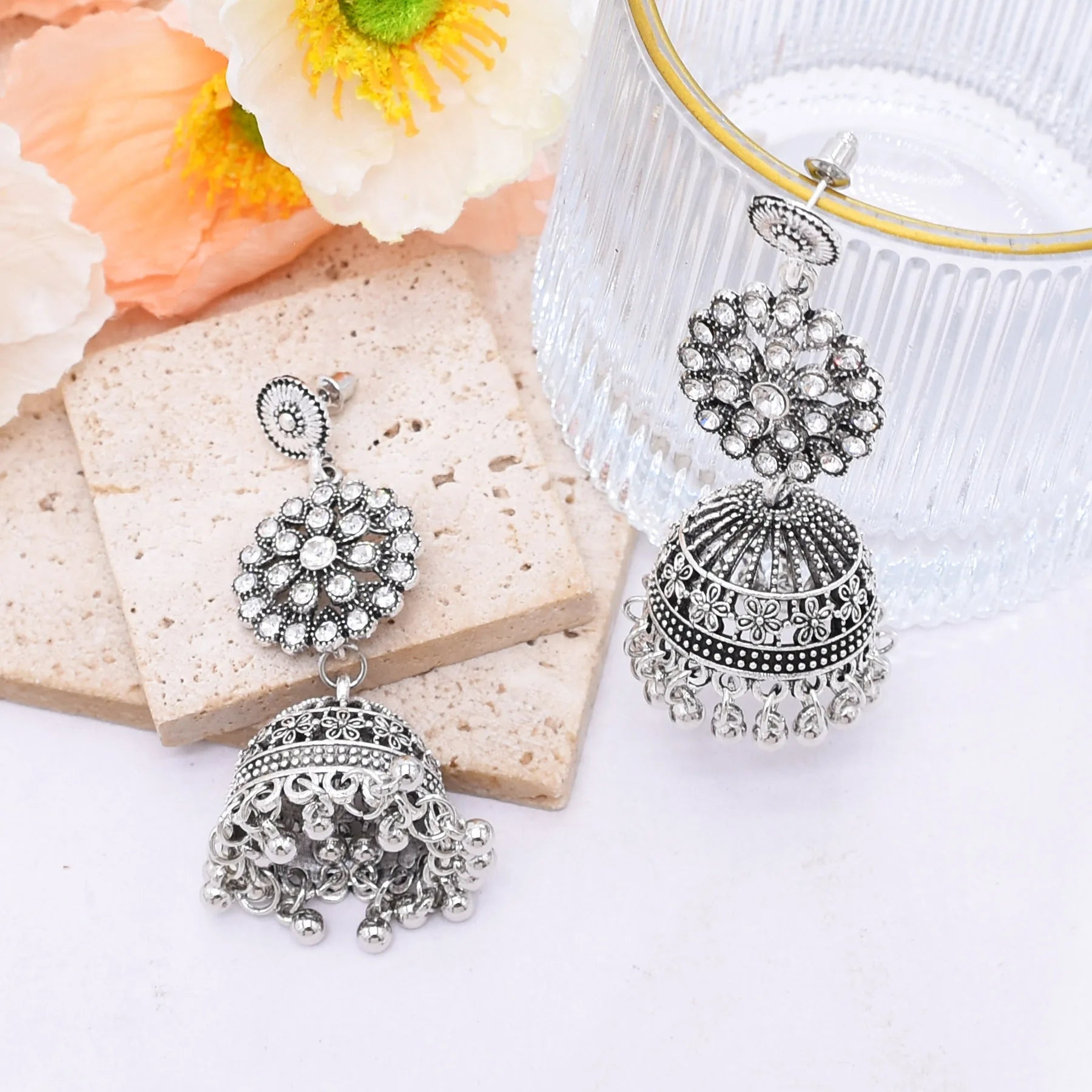 Traditional Indian Jhumka Earrings for Women Vintage Golden Silvery Bell Peacock Pearl Beads Pendant Earrings Turkish Jewelry