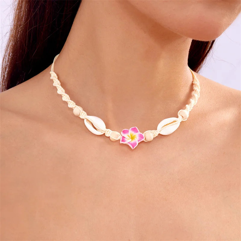 Bohemia Sea Shell Choker Necklace For Women Fashion Summer Sweet Flower Pendant Hand-woven Rope Neck Chain Jewelry Accessory