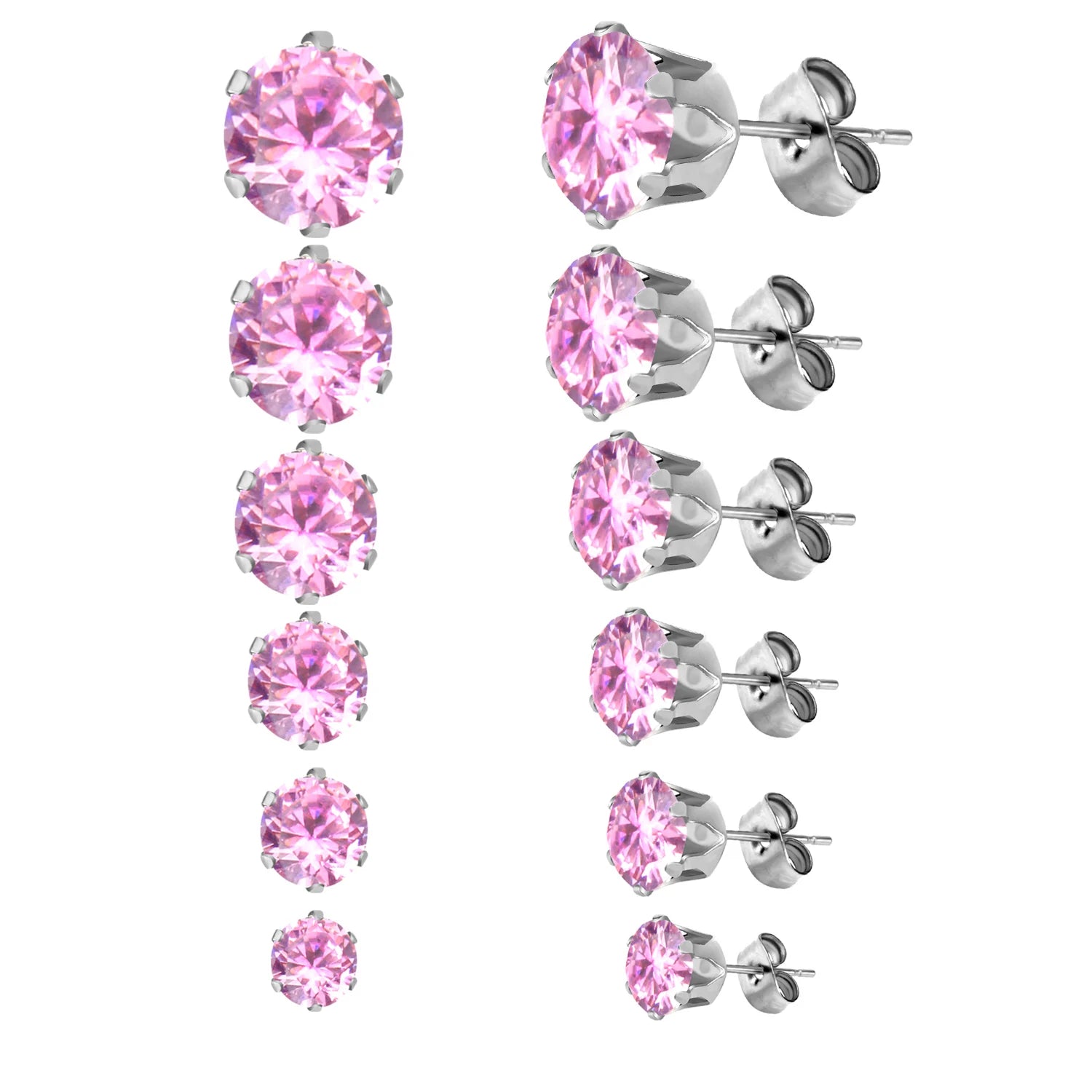LUXUSTEEL 6Pairs/Set CZ Stud Earrings Stainless Steel Round White Cubic Zirconia Hypoallergenic 6 Claws Earring Trendy Jewelry