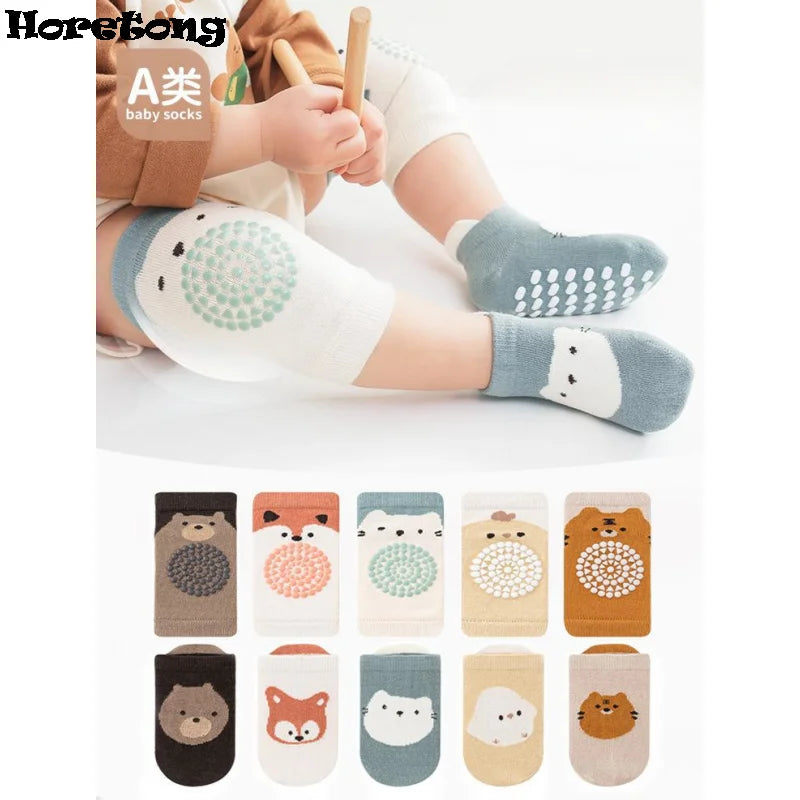 Baby Knee Pad And Floor Socks Set Non-slip Crawling Cushion Infants Toddlers Socks Protector Safety Kneepad 2-piece Set Girl Boy