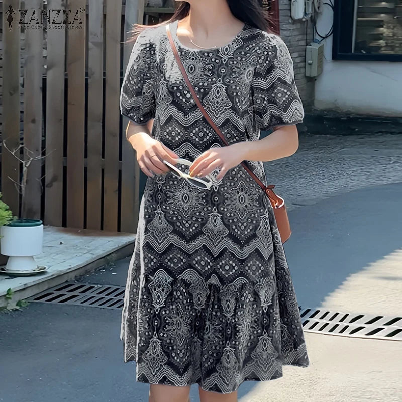 ZANZEA Womens Vintage Ethnic Printing Knee-Length Dresses Summer Casual O-Neck Puff Sleeve Ruffled Hem Robes Vacation Dress