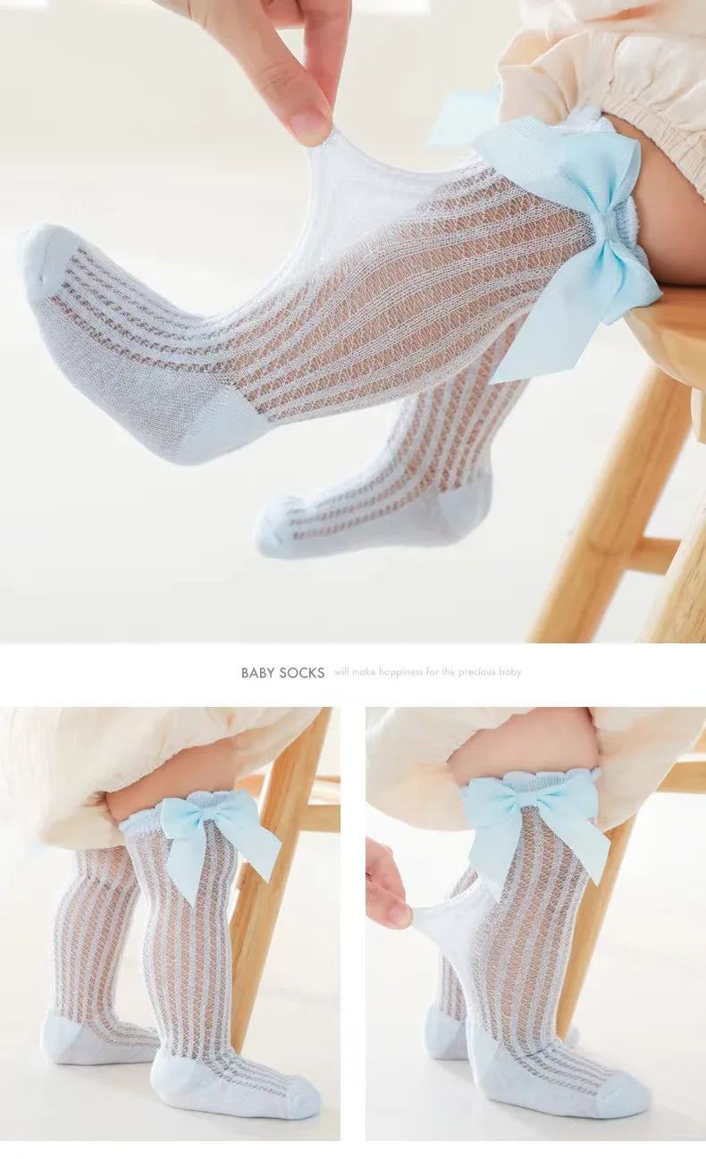 Summer Ultra-thin Mesh Socks Baby Girl Mosquito Resistant Knee Sock Cute Newborn Pink Bow Hollow Cotton Baby Clothes New Born