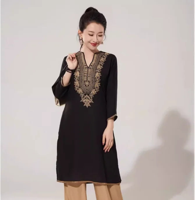 Indian Retro Embroidered Women's Spring and Summer Cotton Silk Top Clothing