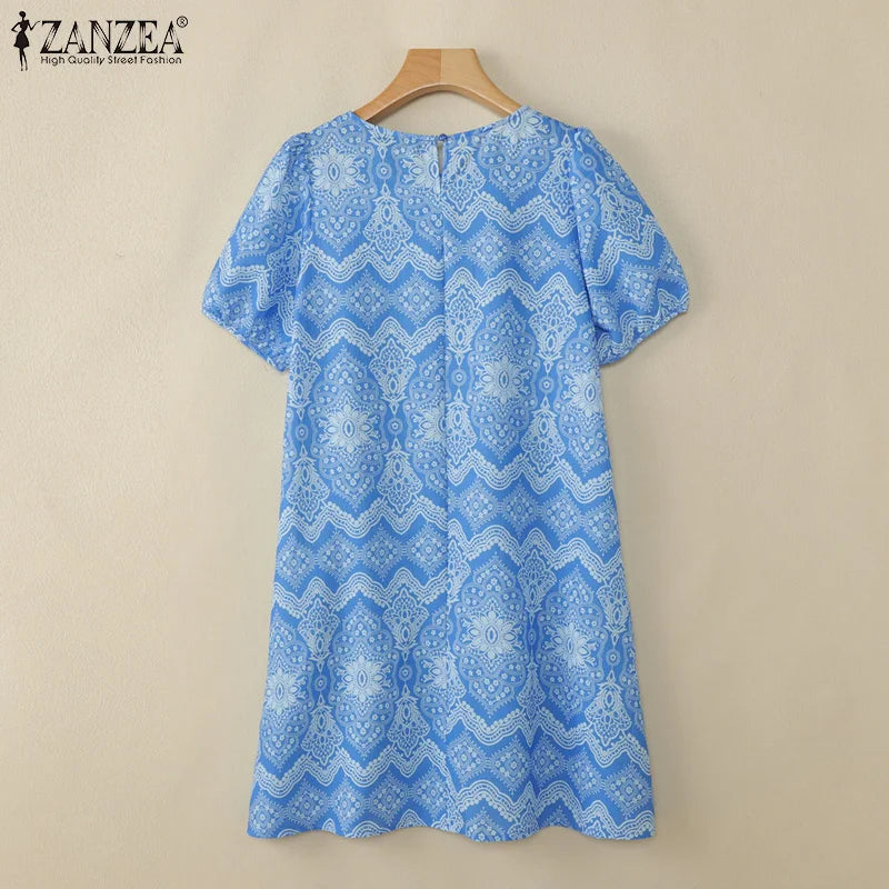 ZANZEA Womens Vintage Ethnic Printing Knee-Length Dresses Summer Casual O-Neck Puff Sleeve Ruffled Hem Robes Vacation Dress