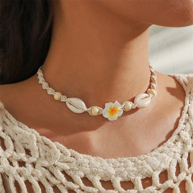 Bohemia Sea Shell Choker Necklace For Women Fashion Summer Sweet Flower Pendant Hand-woven Rope Neck Chain Jewelry Accessory