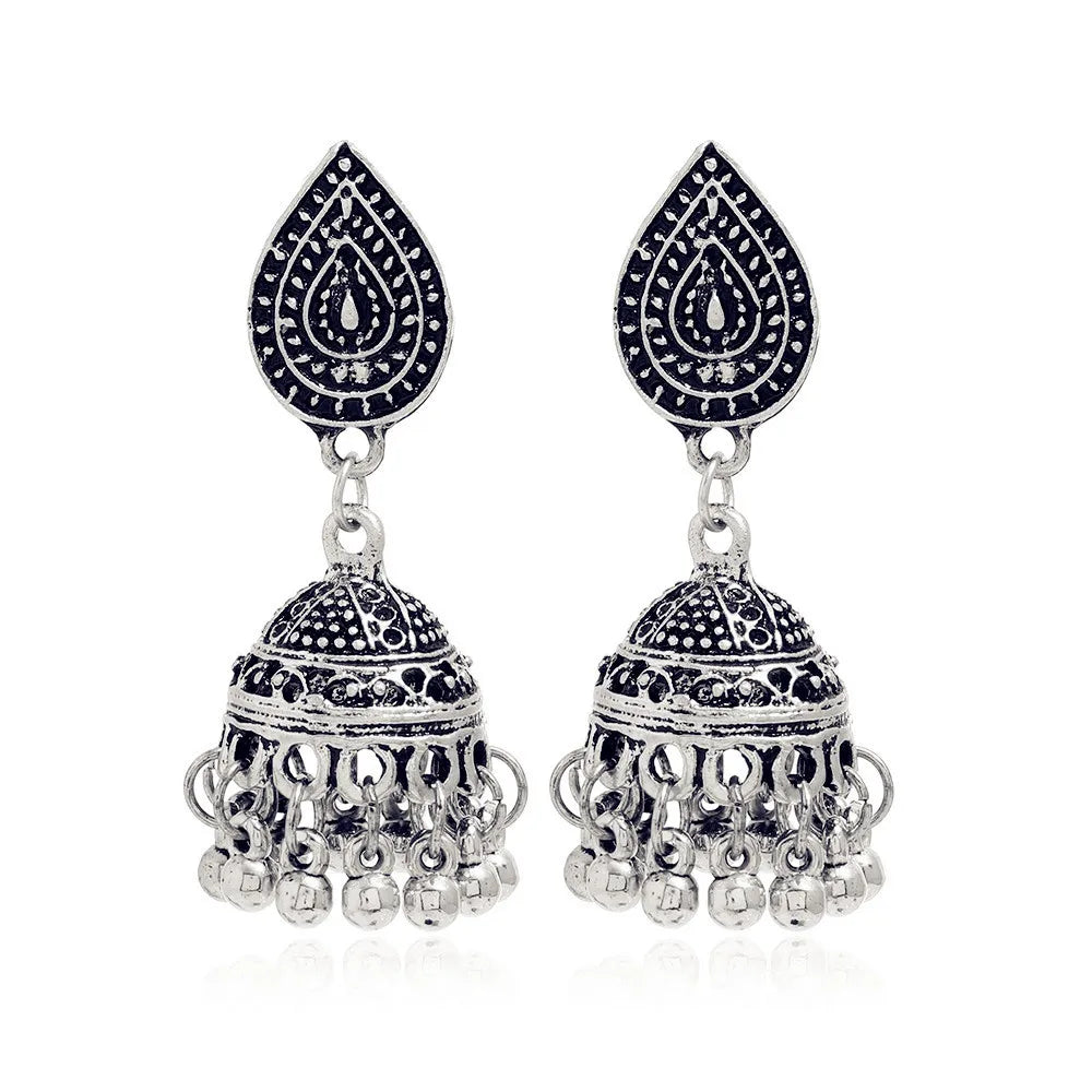 Indian Ethnic Style Boho Vintage Antique Alloy Carved Bell Tassels Drop Earrings Jhumki Jewelry For Women Party Accessories