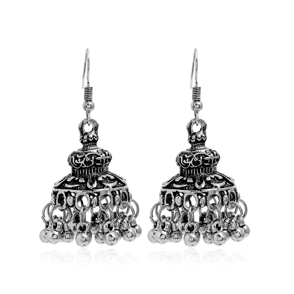 Indian Ethnic Style Boho Vintage Antique Alloy Carved Bell Tassels Drop Earrings Jhumki Jewelry For Women Party Accessories