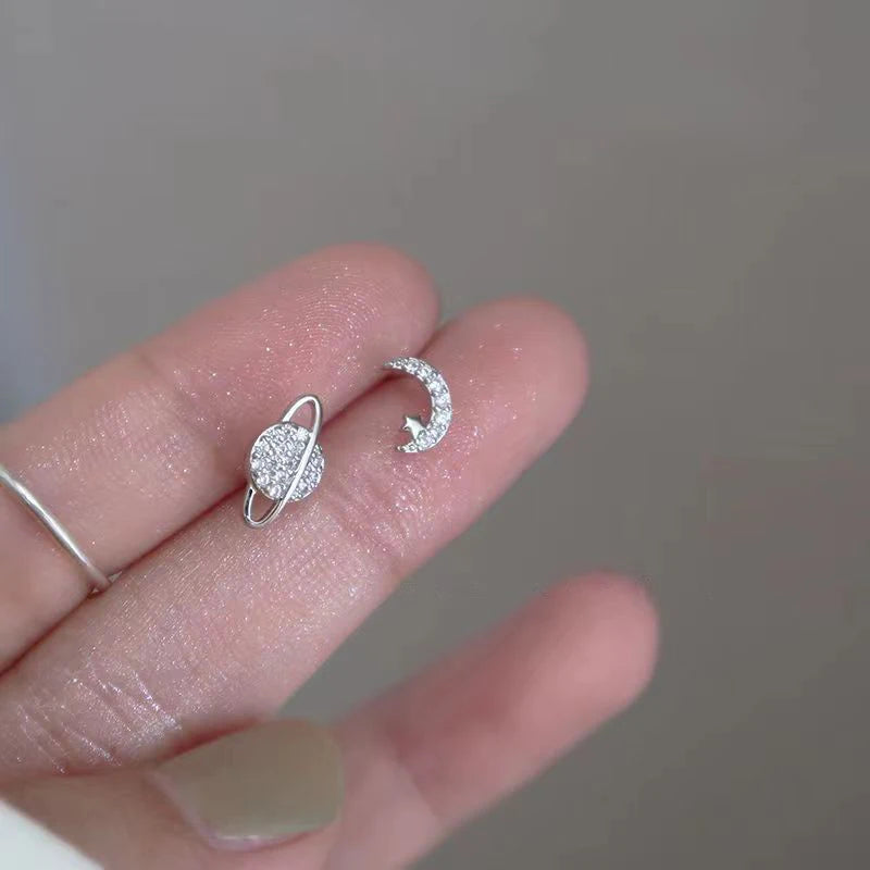 Simple Piercing Stud Earrings for Women Star Moon Zircon 925 Silver Needles Tragus Cartilage Asymmetry Pendiente Plata Jewelry