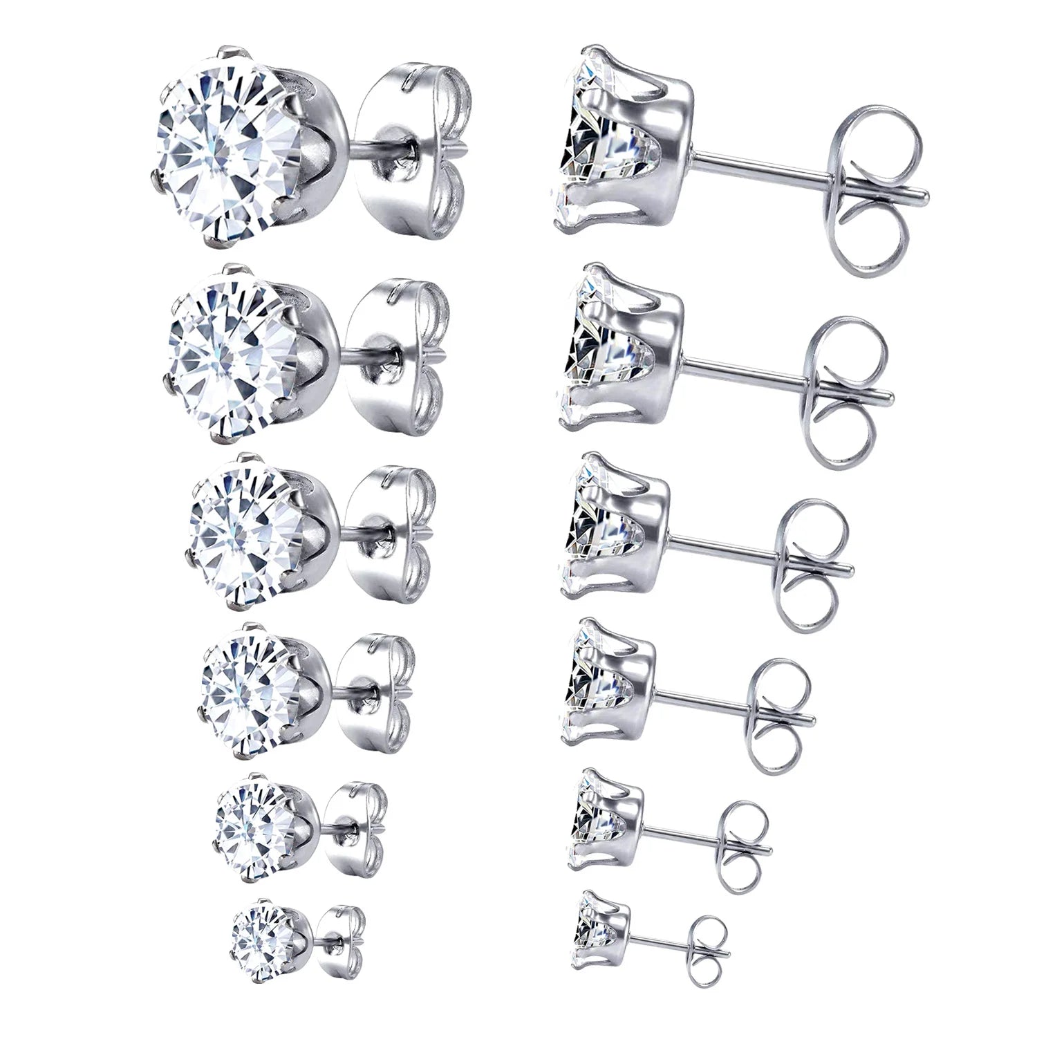 LUXUSTEEL 6Pairs/Set CZ Stud Earrings Stainless Steel Round White Cubic Zirconia Hypoallergenic 6 Claws Earring Trendy Jewelry