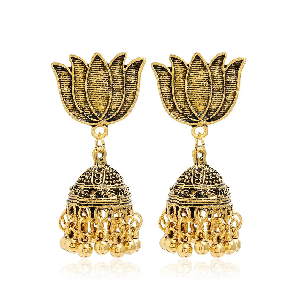 New Fashion Ethnic Style Alloy Retro Carved Beads Tassels Earrings Indian Jhumka Jewelry Women Daily Accessories