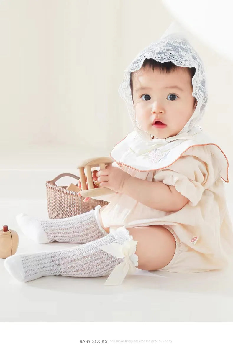 Summer Ultra-thin Mesh Socks Baby Girl Mosquito Resistant Knee Sock Cute Newborn Pink Bow Hollow Cotton Baby Clothes New Born