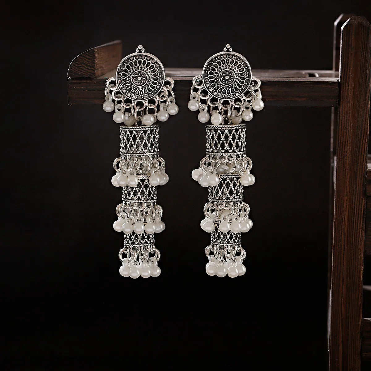 Retro Ethnic Silver Color Turkish Jhumka Earrings For Women Pendientes Pearl Tassel Classic Carved Indian Earrings Jewelry