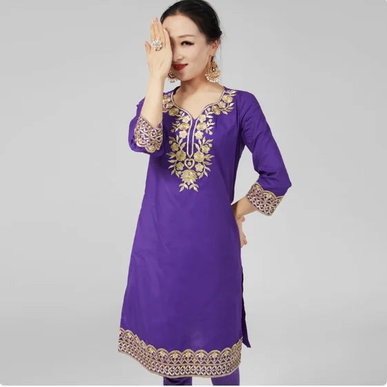 Indian Clothing Women's Pure Cotton Embroidered Side Concealed Long Sleeved Shirt Pakistan