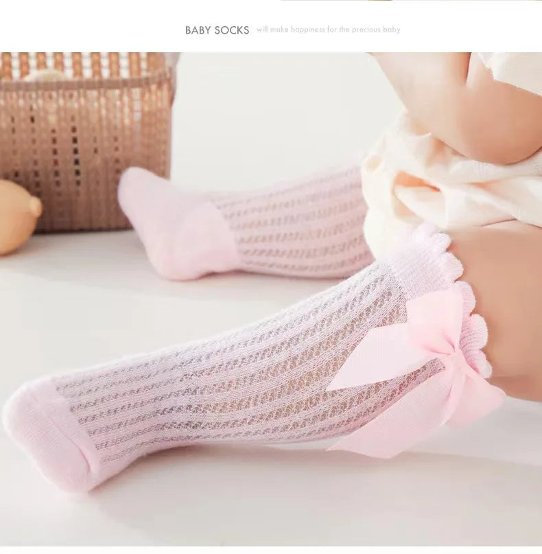 Summer Ultra-thin Mesh Socks Baby Girl Mosquito Resistant Knee Sock Cute Newborn Pink Bow Hollow Cotton Baby Clothes New Born