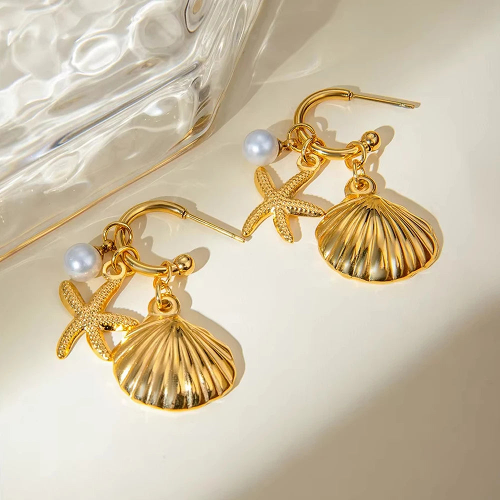 2025 Summer Gold Color Stainless Steel Shell Starfish Crab Drop Earrings For Women Beach Ocean Hoop Drop Stud