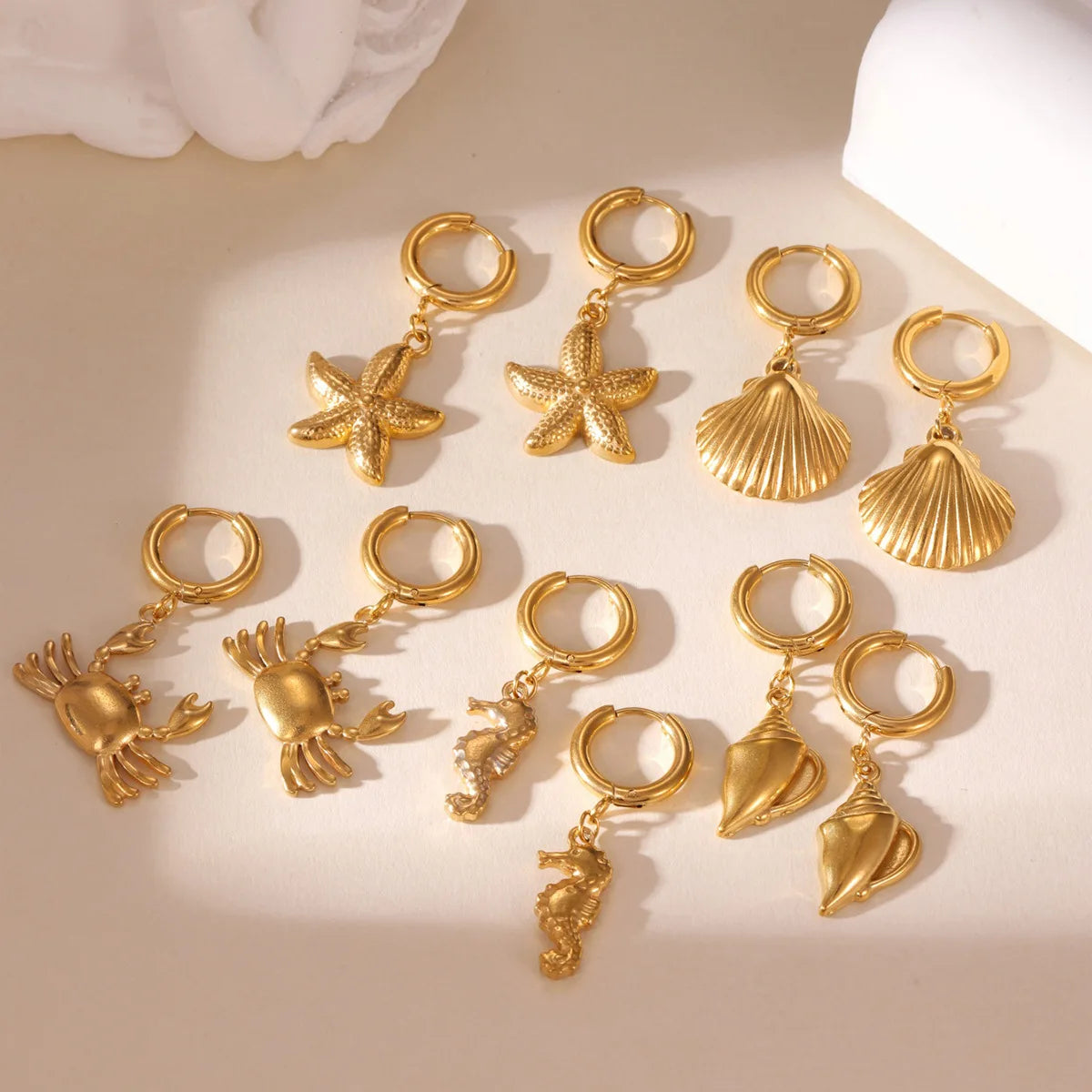 2025 Summer Gold Color Stainless Steel Shell Starfish Crab Drop Earrings For Women Beach Ocean Hoop Drop Stud