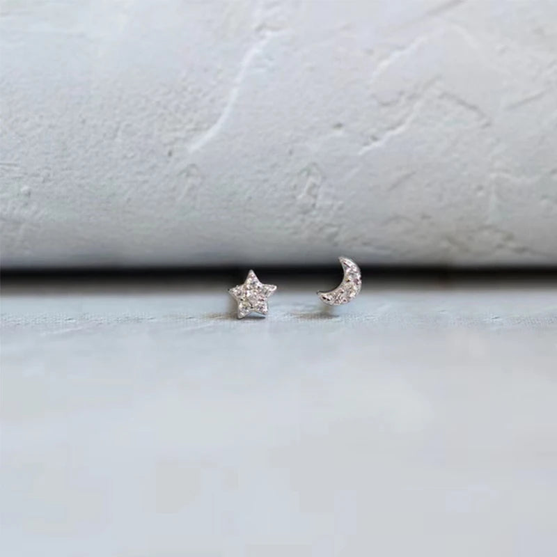 Simple Piercing Stud Earrings for Women Star Moon Zircon 925 Silver Needles Tragus Cartilage Asymmetry Pendiente Plata Jewelry