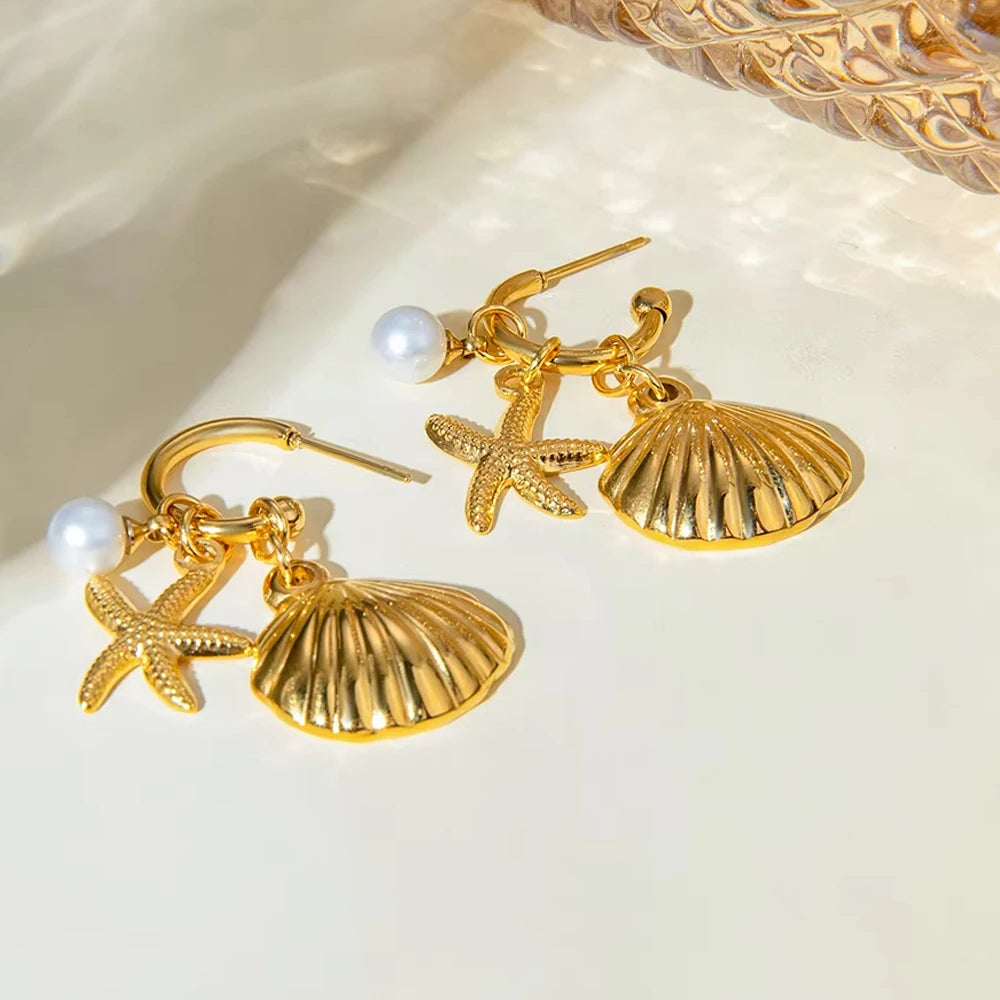 2025 Summer Gold Color Stainless Steel Shell Starfish Crab Drop Earrings For Women Beach Ocean Hoop Drop Stud