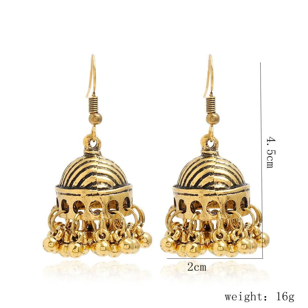 New Fashion Ethnic Style Alloy Retro Carved Beads Tassels Earrings Indian Jhumka Jewelry Women Daily Accessories