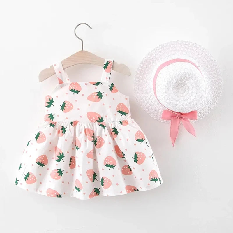Summer Baby Girl Dress Sweet Hanging Strap Strawberry Print Big Bow Cotton Cloth Dress Comes with Same Hat as a Gift
