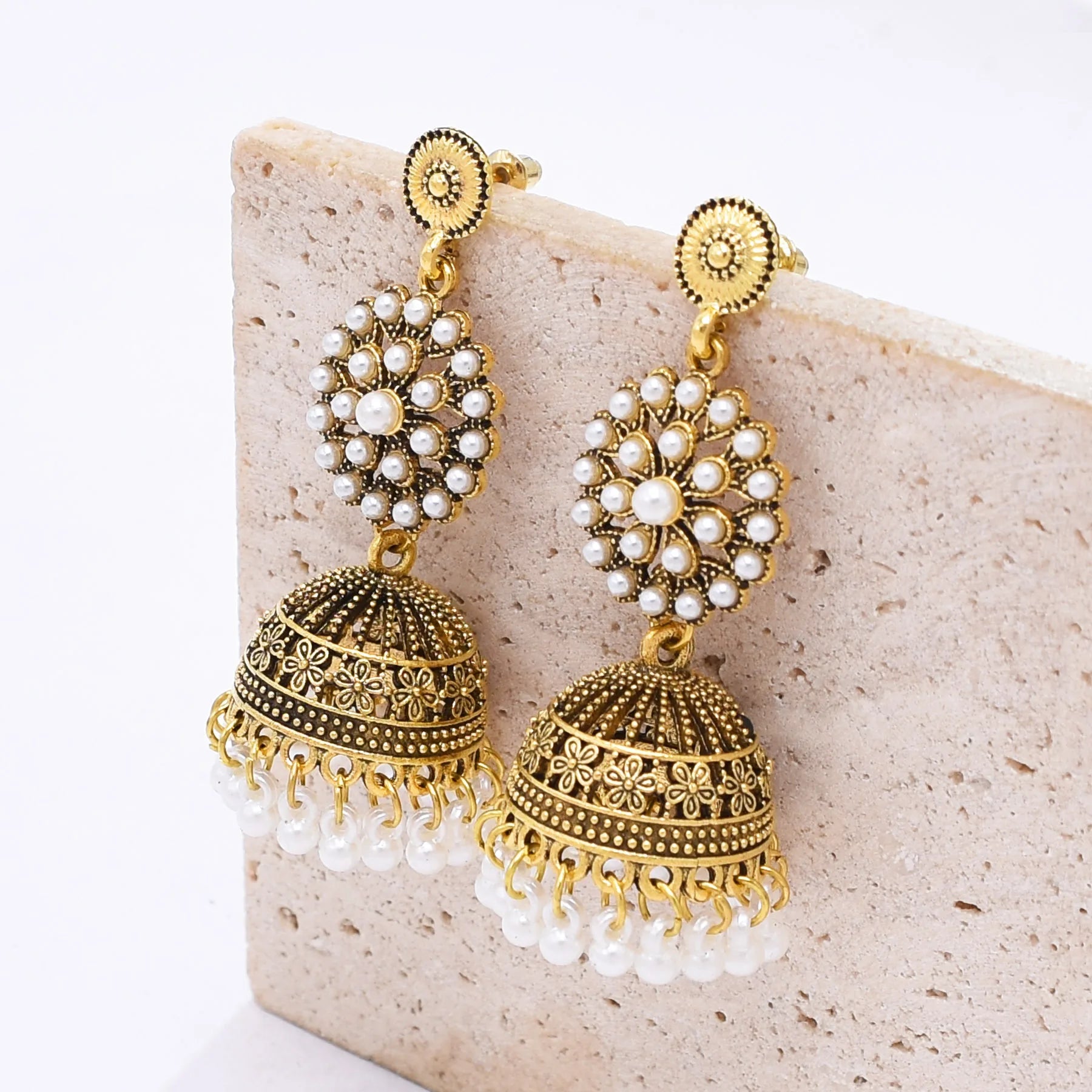 Traditional Indian Jhumka Earrings for Women Vintage Golden Silvery Bell Peacock Pearl Beads Pendant Earrings Turkish Jewelry