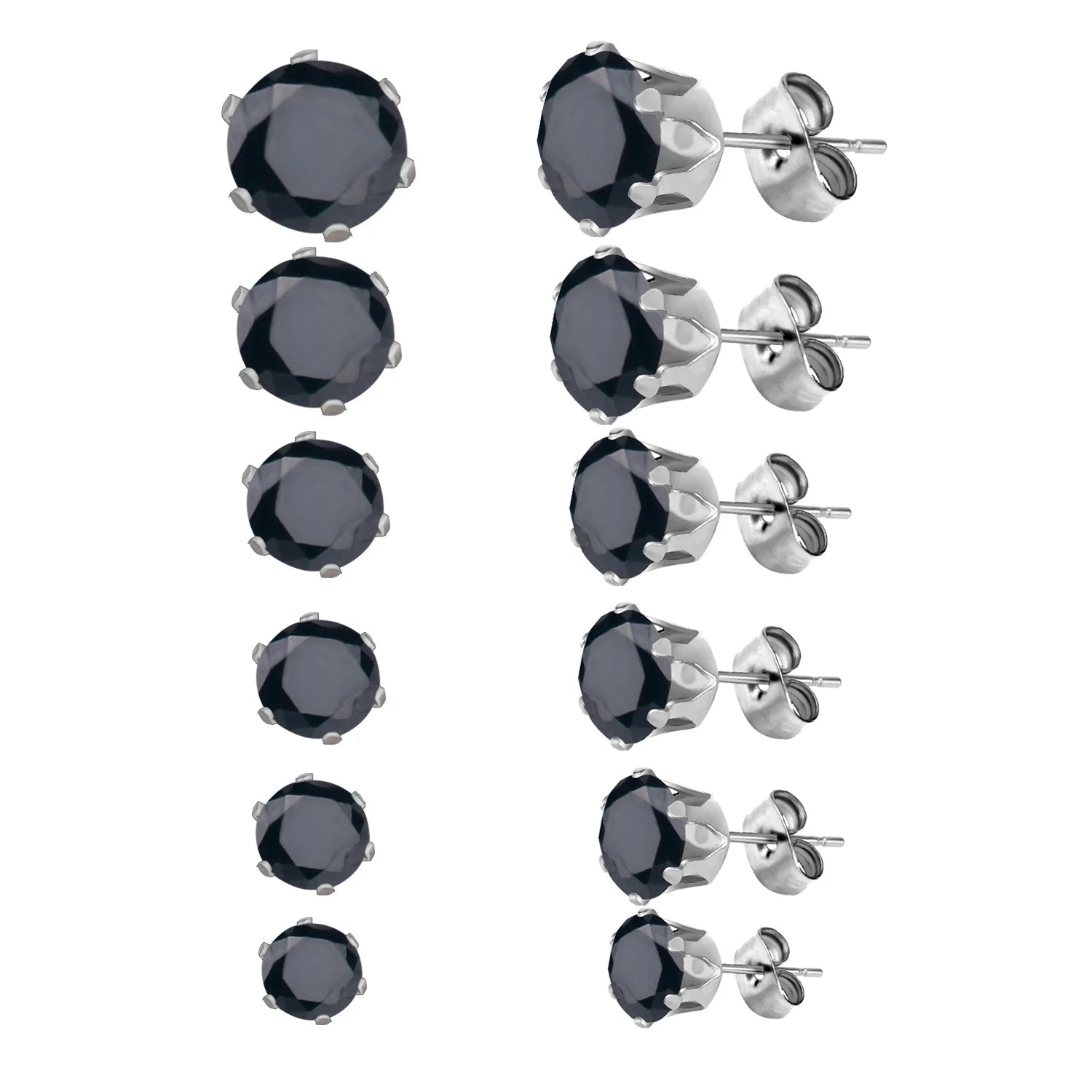 LUXUSTEEL 6Pairs/Set CZ Stud Earrings Stainless Steel Round White Cubic Zirconia Hypoallergenic 6 Claws Earring Trendy Jewelry