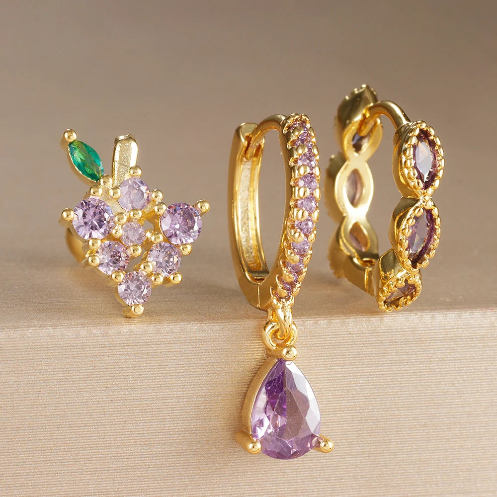 3PCS Fruit Butterfly Earrings Set for Women Girl Luxury Zircon Stainless Steel Cartilage Piercing Hoop Earring Statement Jewelry