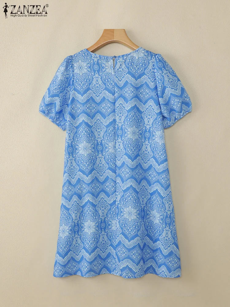ZANZEA Womens Vintage Ethnic Printing Knee-Length Dresses Summer Casual O-Neck Puff Sleeve Ruffled Hem Robes Vacation Dress