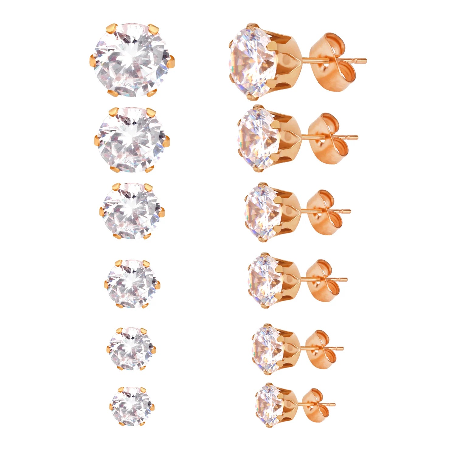 LUXUSTEEL 6Pairs/Set CZ Stud Earrings Stainless Steel Round White Cubic Zirconia Hypoallergenic 6 Claws Earring Trendy Jewelry