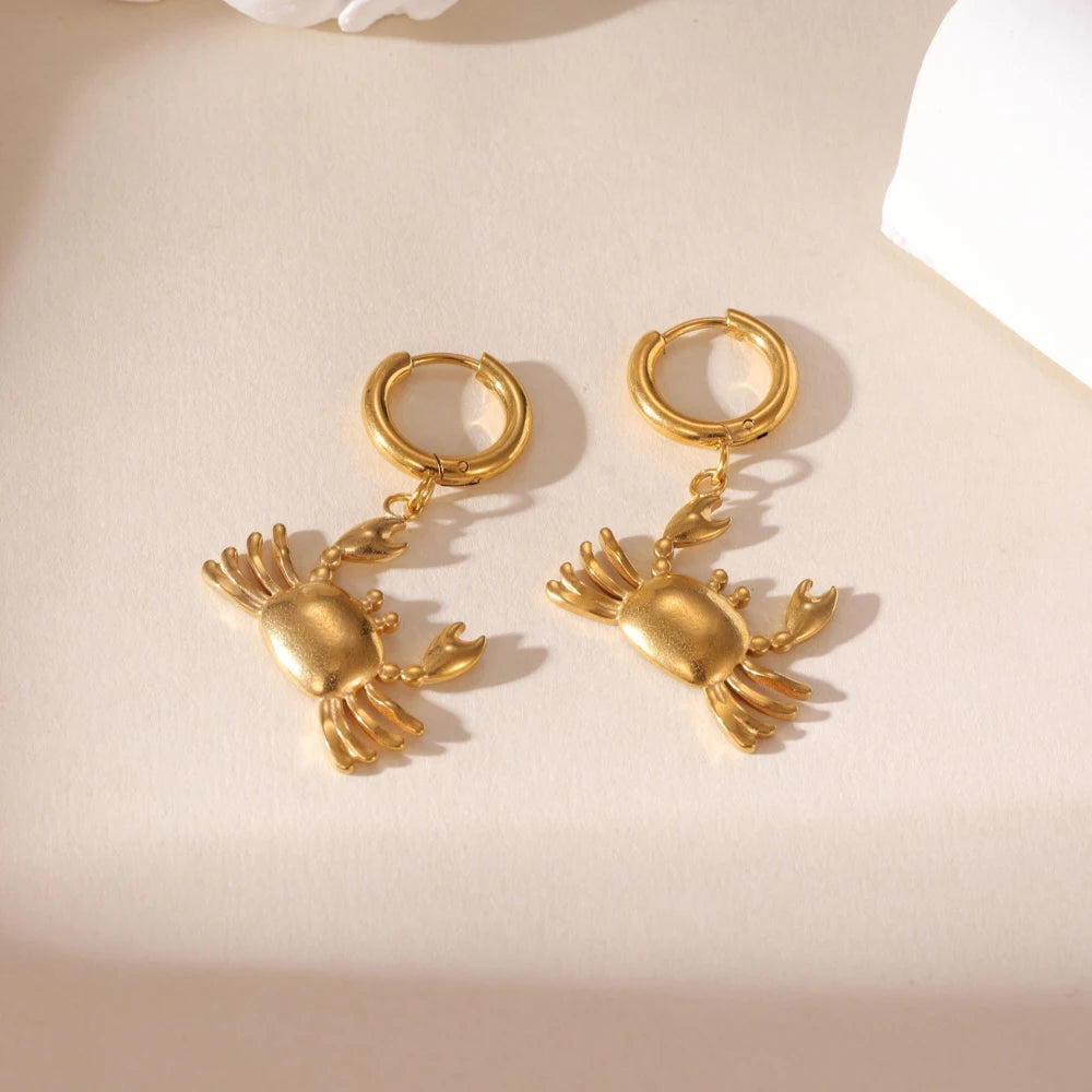 2025 Summer Gold Color Stainless Steel Shell Starfish Crab Drop Earrings For Women Beach Ocean Hoop Drop Stud