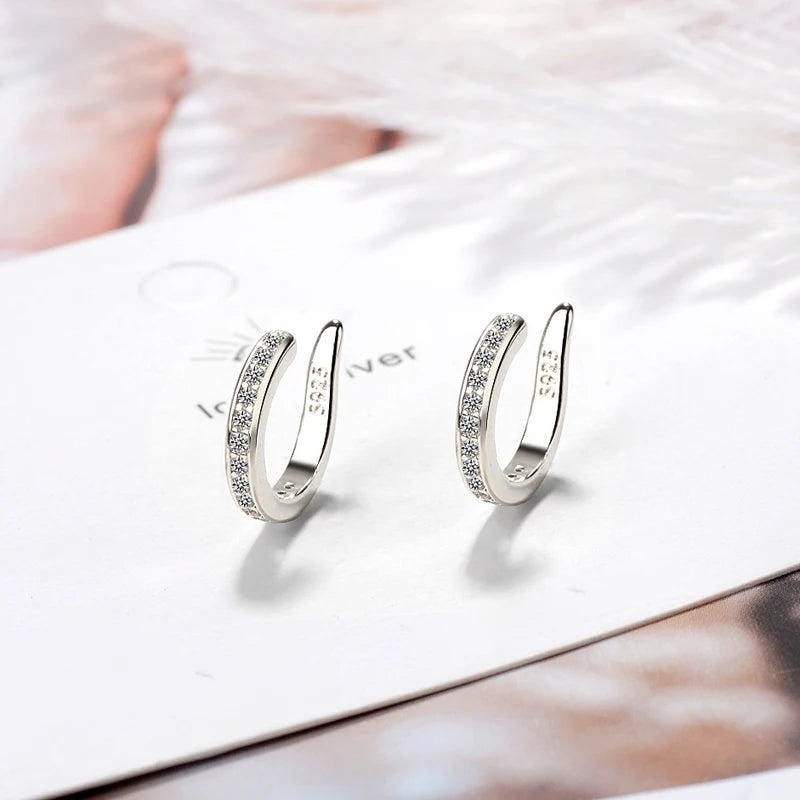 New Fashion Fine Zircon 925 Sterling Silver C Type Clip Earrings Punk Rock Unisexual Rhinestone No Hole Ear Clip Earring Jewelry