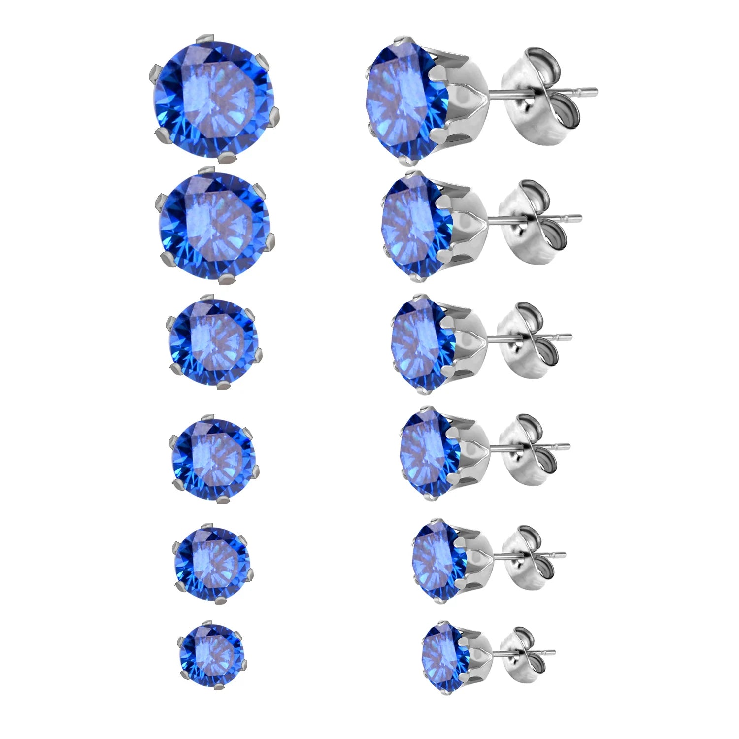 LUXUSTEEL 6Pairs/Set CZ Stud Earrings Stainless Steel Round White Cubic Zirconia Hypoallergenic 6 Claws Earring Trendy Jewelry