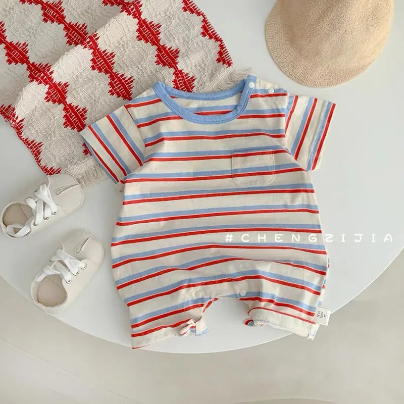 Summer New Baby Short Sleeve Striped Romper Newborn Toddler Cotton Casual Jumpsuit Infant Boy Girl Clothes 0-24 Months