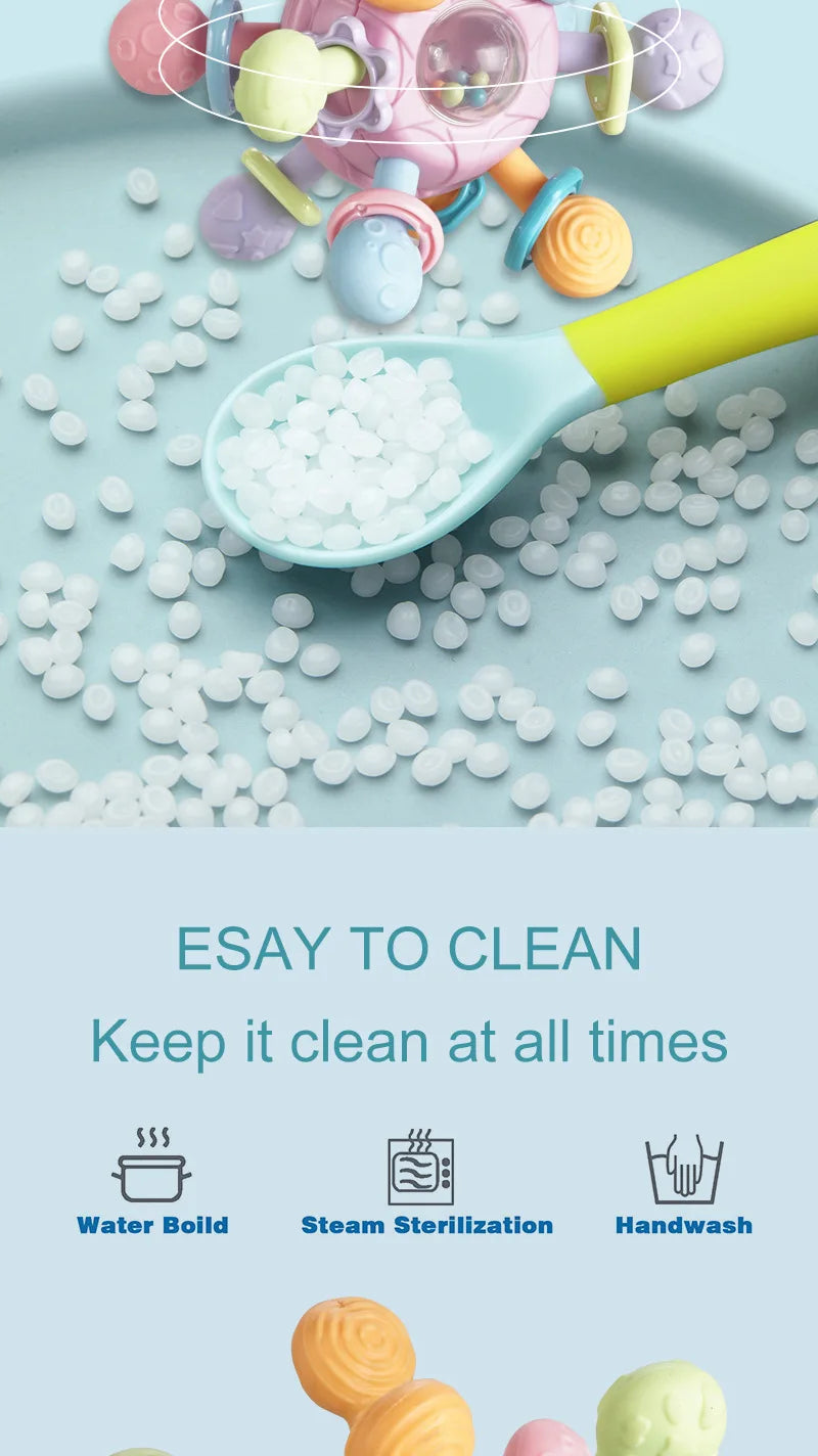 Baby Toys 0 12 Months Rotating Rattle Ball Grasping Activity Baby Development Toy Silicone Teether Baby Sensory Toys for Babies