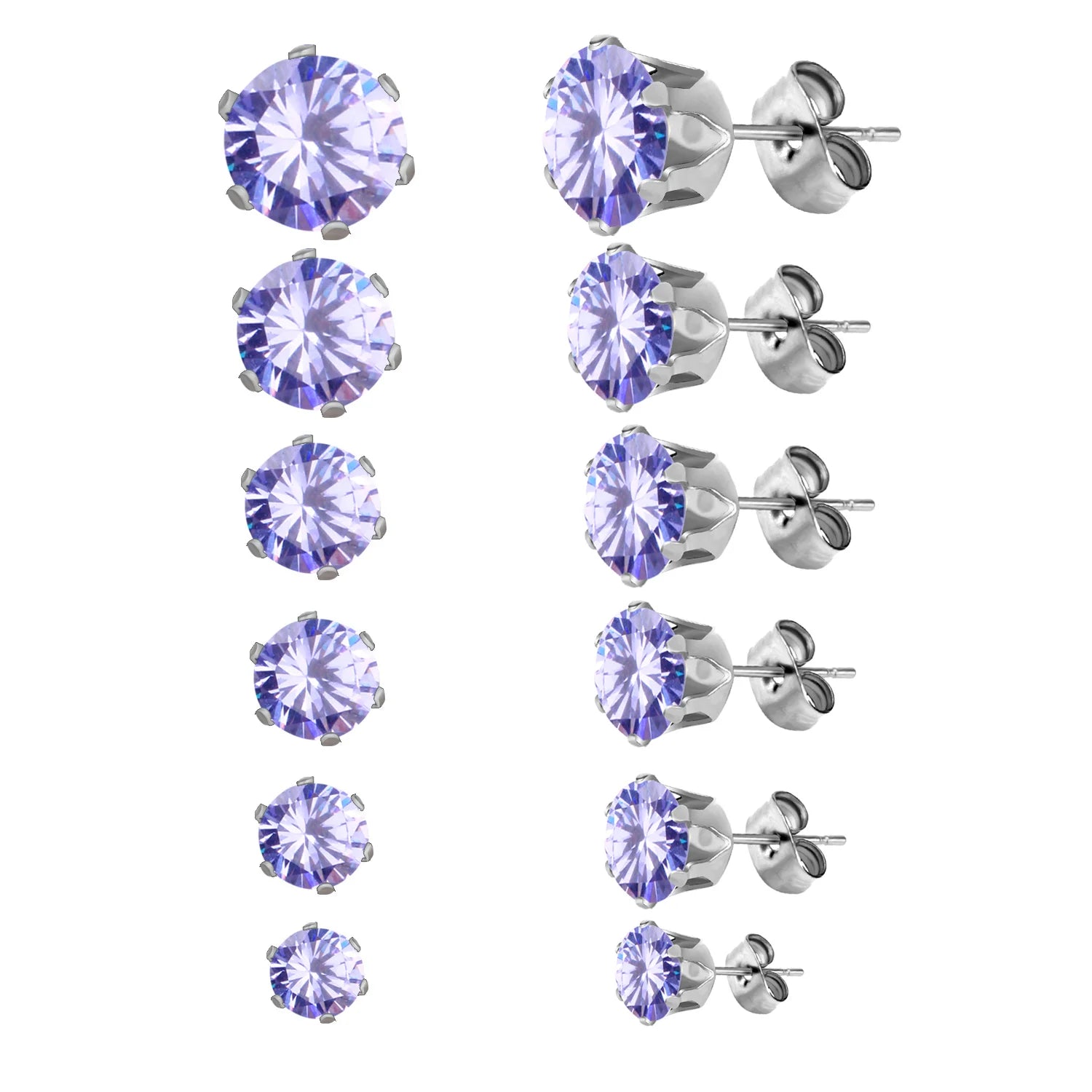 LUXUSTEEL 6Pairs/Set CZ Stud Earrings Stainless Steel Round White Cubic Zirconia Hypoallergenic 6 Claws Earring Trendy Jewelry