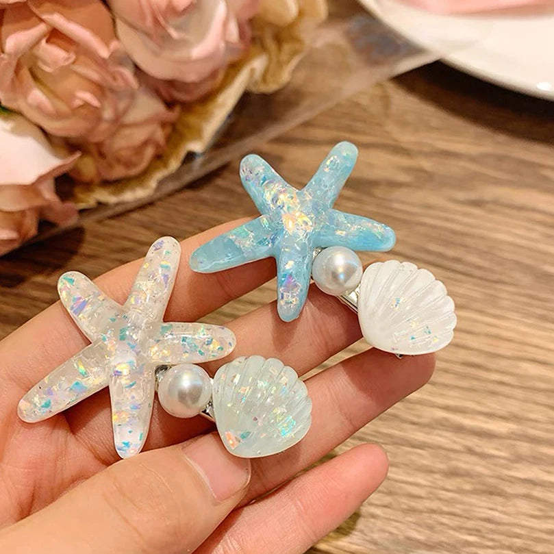 AWAYTR 2PCS Elegant Starfish Star Shell Hair Clips For Ladies Hairpins Summer Beach Holiday Party Barrettes Hair Accessories