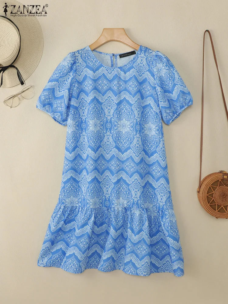 ZANZEA Womens Vintage Ethnic Printing Knee-Length Dresses Summer Casual O-Neck Puff Sleeve Ruffled Hem Robes Vacation Dress