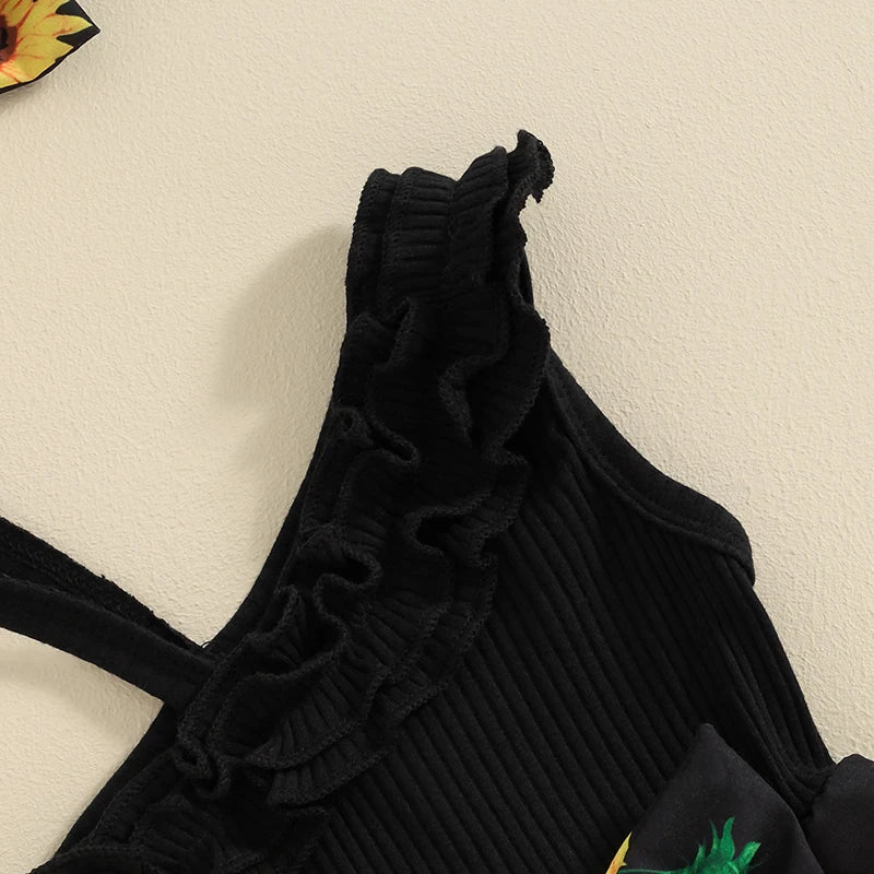 Pudcoco Baby Girl 2 Piece Outfits Sunflower Print Asymmetrical Sleeveless Romper Headband Set Cute Fashion Summer Clothes 0-12M