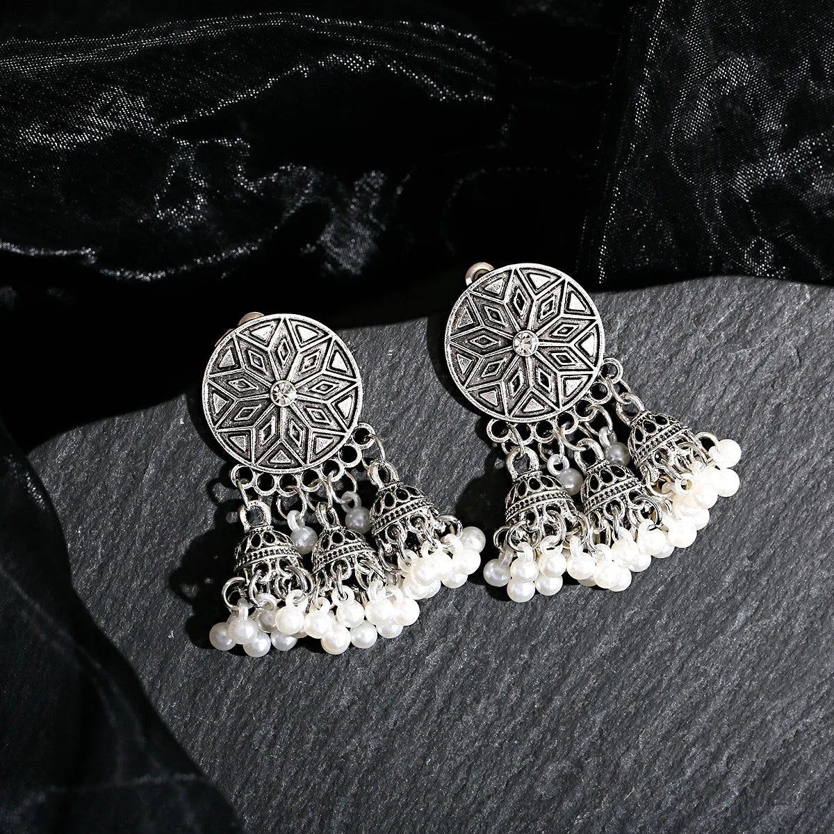 Retro Ethnic Silver Color Turkish Jhumka Earrings For Women Pendientes Pearl Tassel Classic Carved Indian Earrings Jewelry
