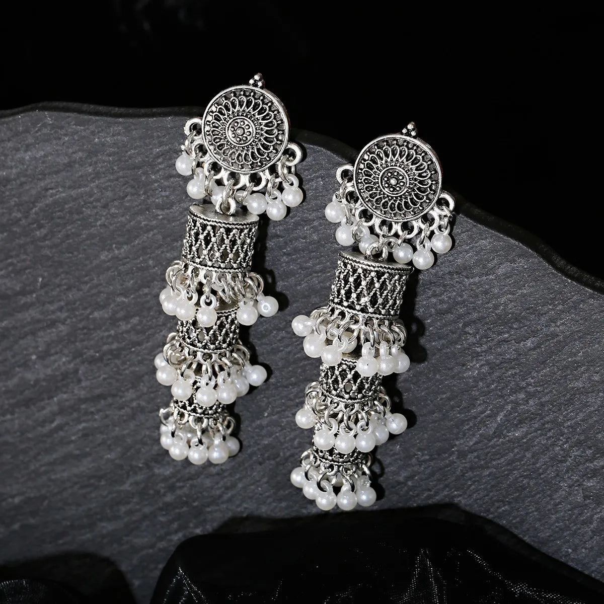 Retro Ethnic Silver Color Turkish Jhumka Earrings For Women Pendientes Pearl Tassel Classic Carved Indian Earrings Jewelry